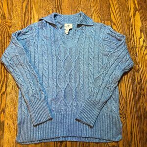 St. John's Bay Women's M Blue Cable Knit Collared V-Neck Pullover Sweater